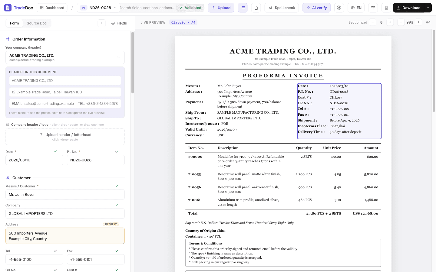 The TradeDoc editor: a Proforma Invoice with every field on the left and a live, print-ready A4 preview on the right