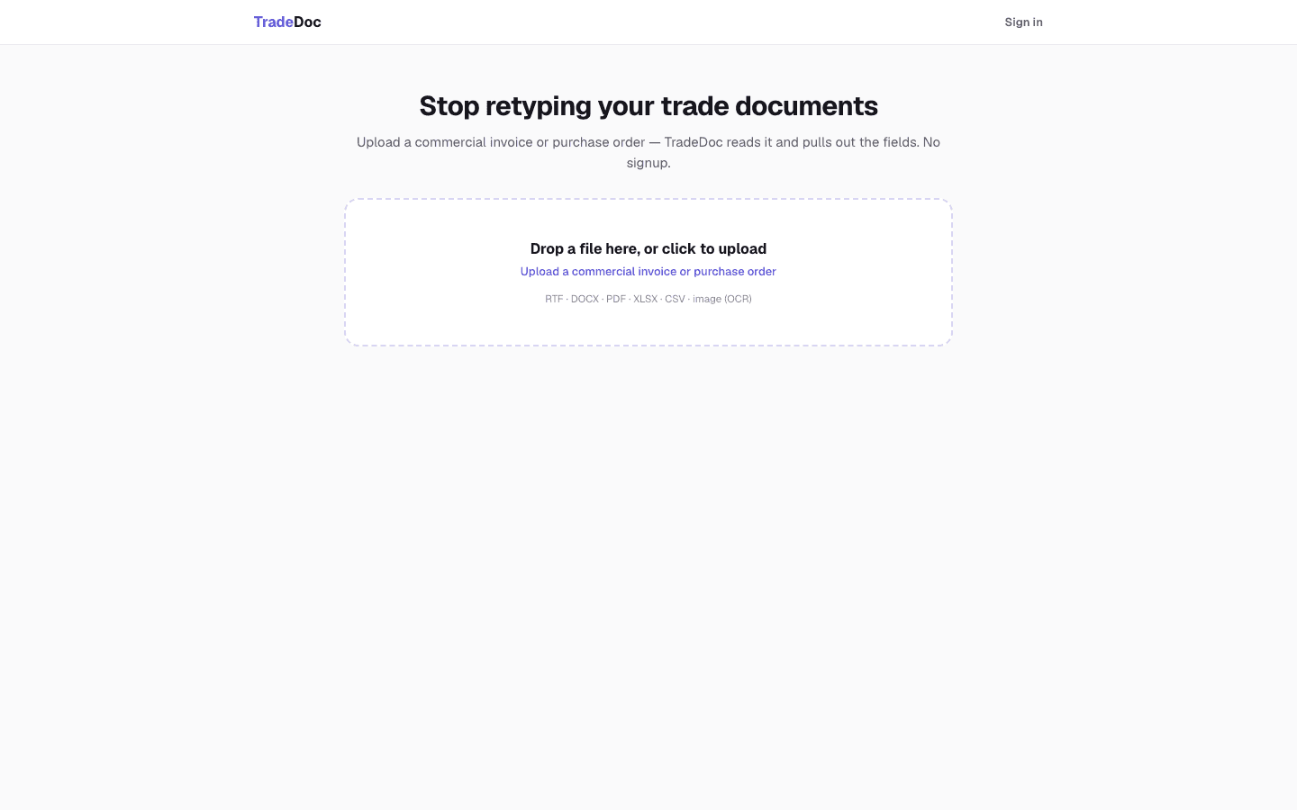 TradeDoc — drop a file to parse: RTF, DOCX, PDF, XLSX, CSV, image OCR